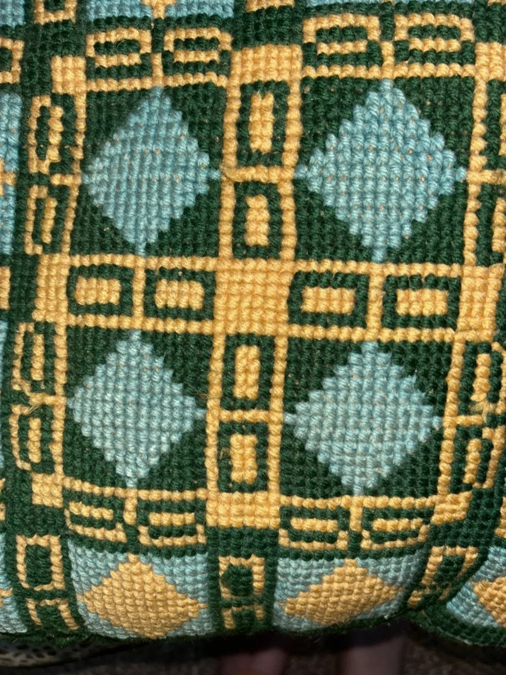 Antique aqua green crewel hand needlepoint accent pillow